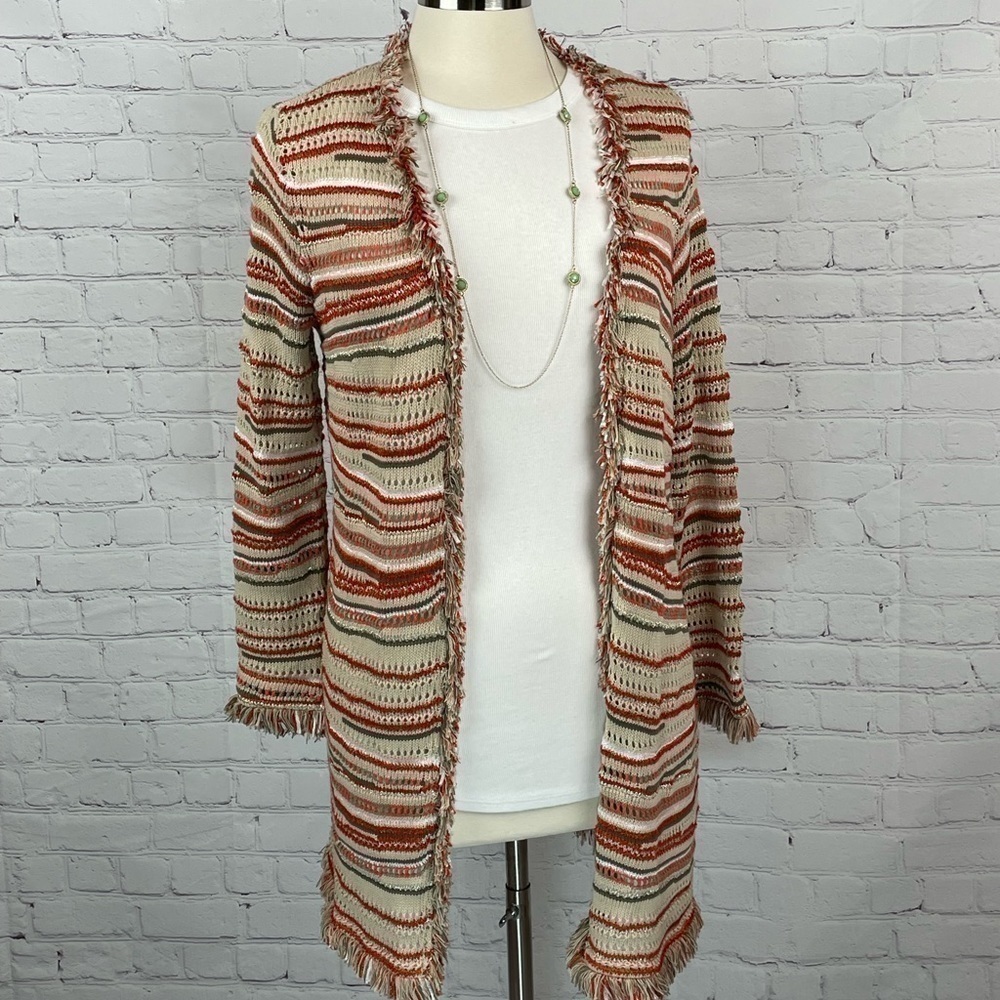 Chico’s Size 0 (Small/4) Open Front Metallic Striped Fringe Cardigan Sweater